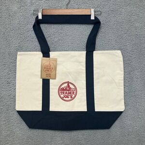 NWT Trader Joes Tote Bag Canvas LG Original WSJ Design Navy Cream Grocery Gift
